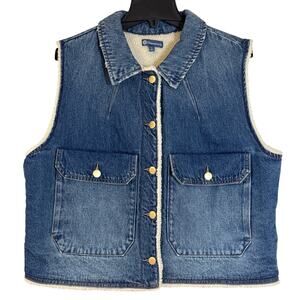 NWT Democracy Large Ombre Denim Faux Fur Lining Button Up Vest W Front Pockets